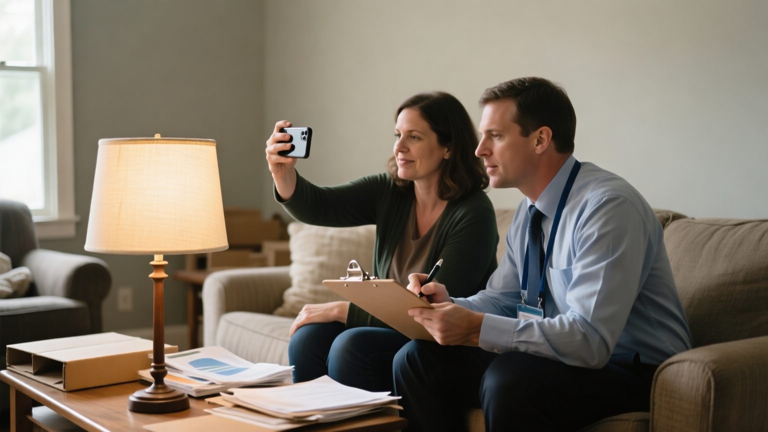 A homeowner photographing a lamp with a phone while an adjuster writes on a clipboard in a living room after a loss