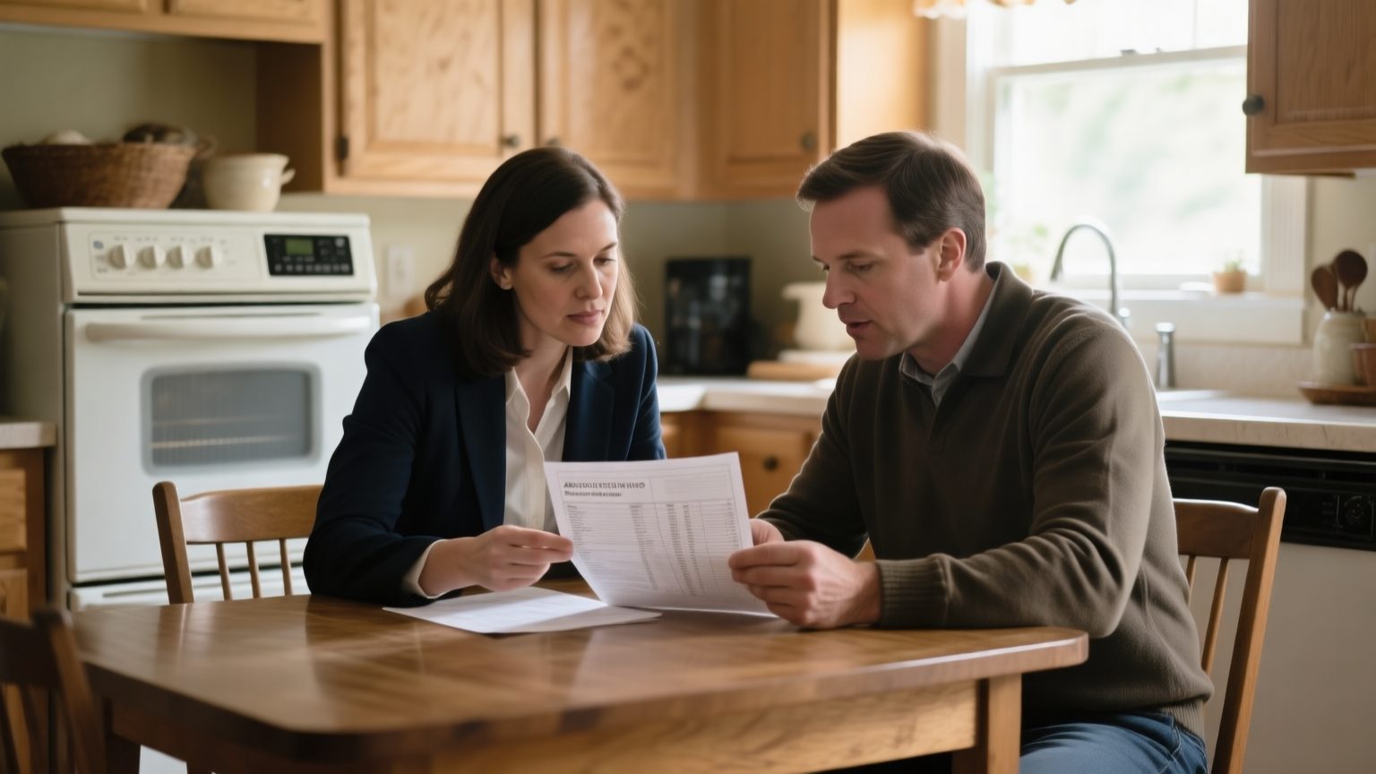 A claims professional and a homeowner at a kitchen table comparing an older appliance against a printed reference sheet