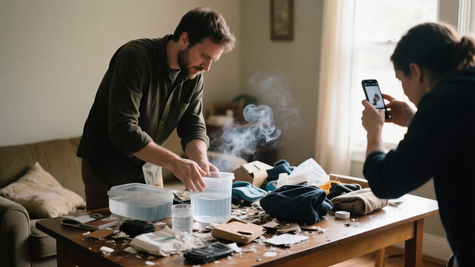 A contents specialist photographing and cataloguing damaged household belongings laid out on a table after a loss
