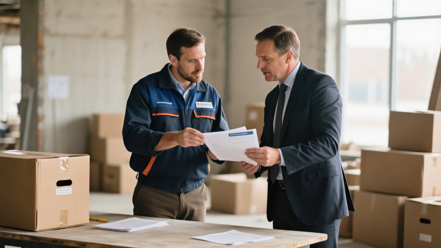 A restoration company manager and an insurance adjuster reviewing a contents inventory handoff at a job-site table with moving crates behind them