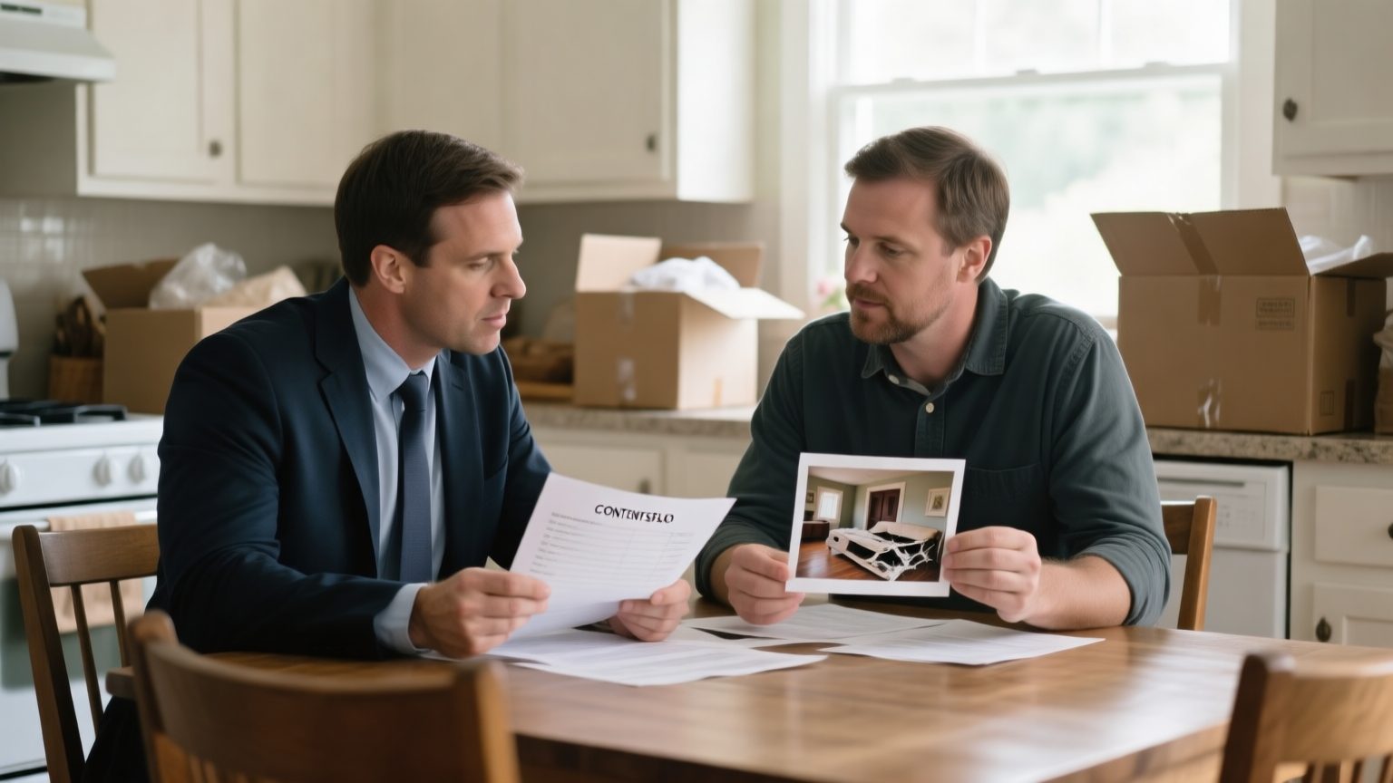 A public adjuster and a homeowner reviewing a printed contents inventory at a kitchen table with boxes of belongings nearby